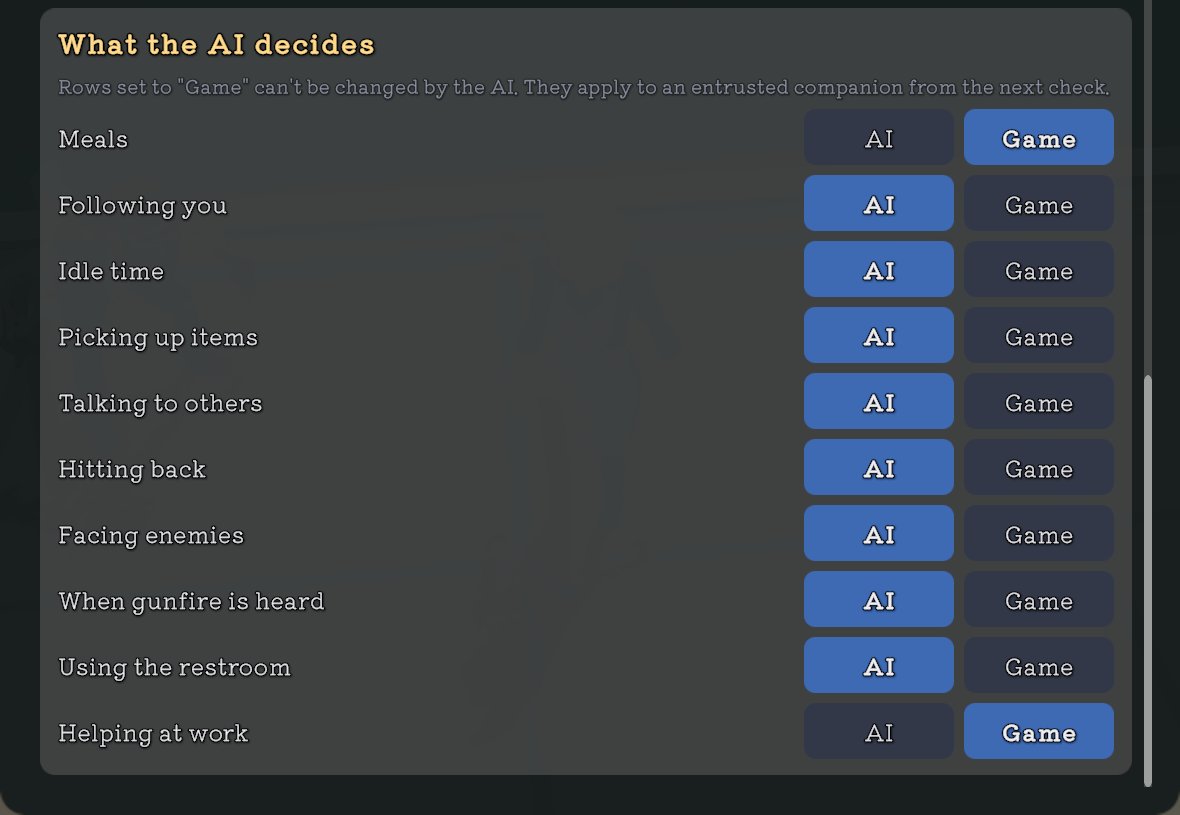 The What the AI decides list. Meals and Helping at work are set to Game, and the other eight are set to AI