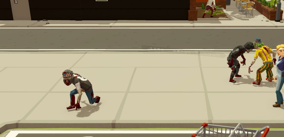 The zombie ally crouch-walking along the sidewalk, with the main character and some passing zombies on the right