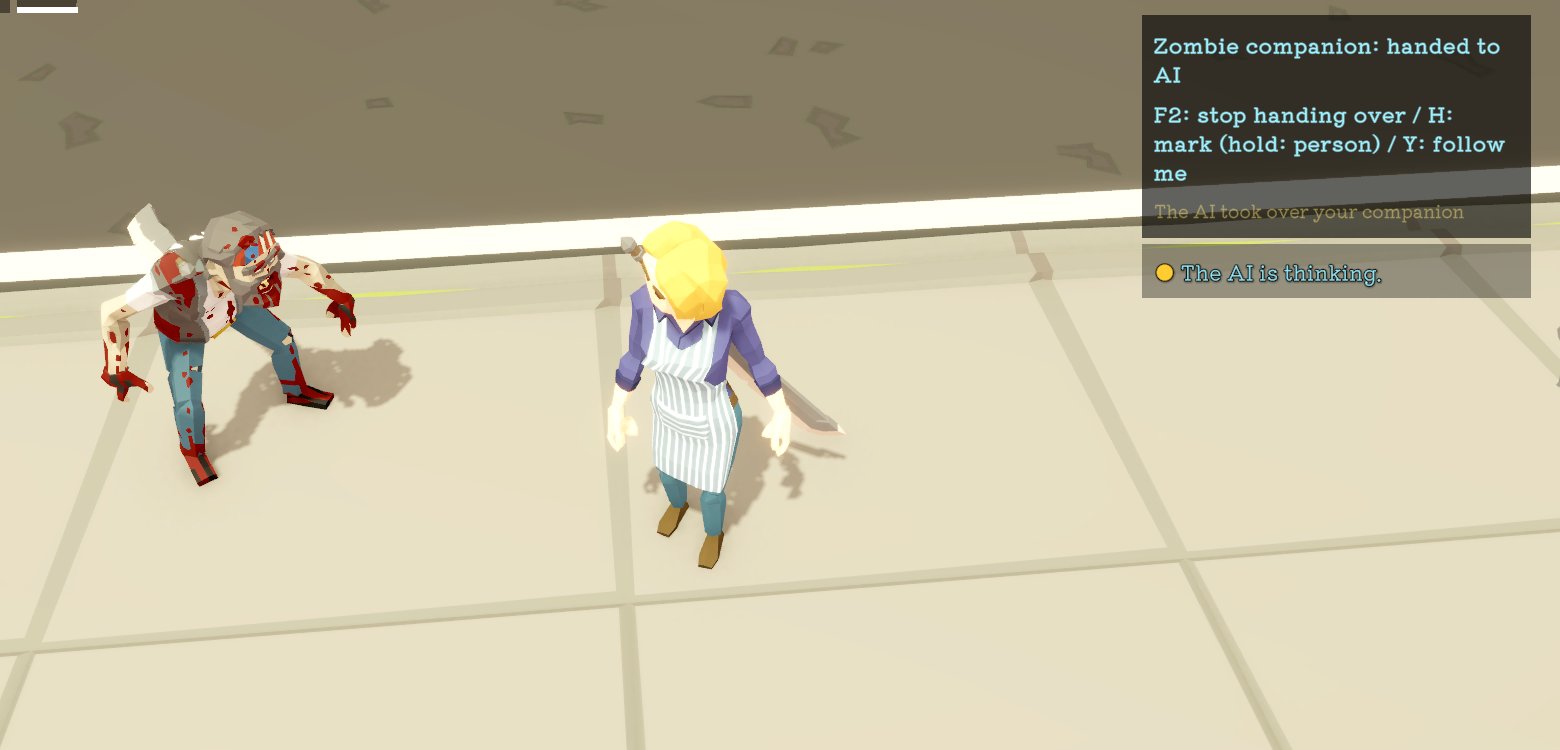 The top-right box shows "Zombie companion: handed to AI" and "The AI took over your companion"