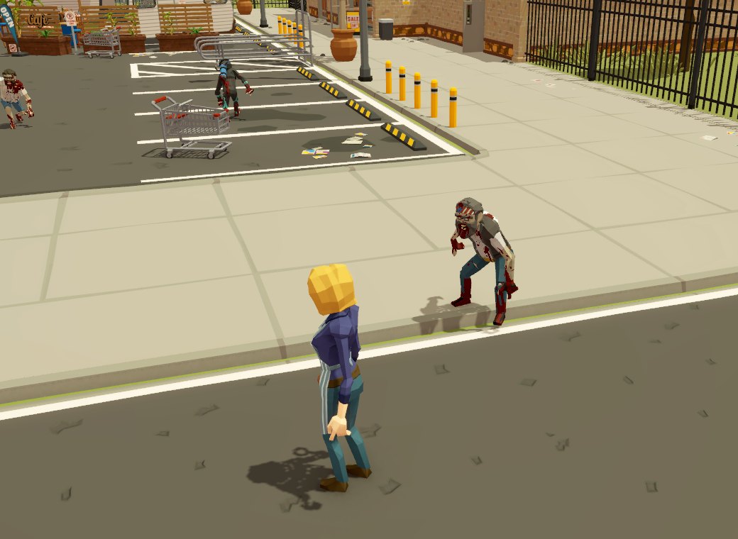 The main character standing on the sidewalk, with the zombie ally a little way off and more zombies in the parking lot behind