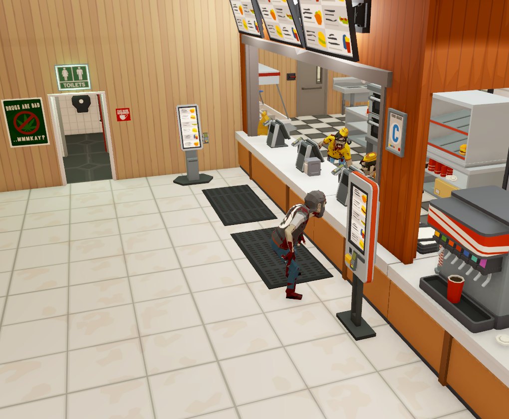 Inside the burger shop. The zombie ally is standing at the order counter