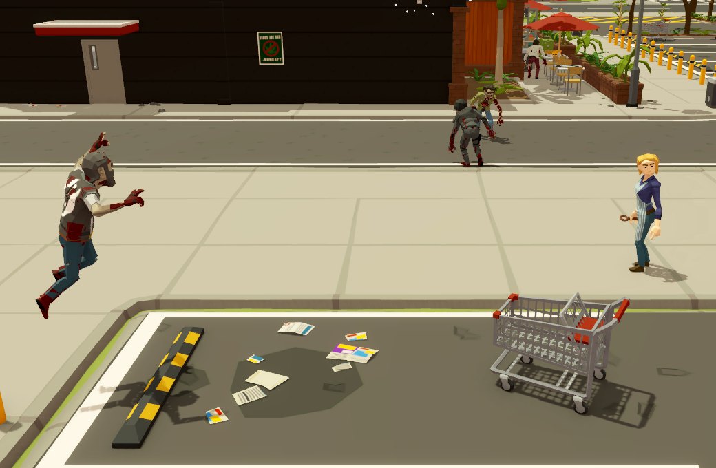 The zombie ally in mid-jump, with the main character standing ahead