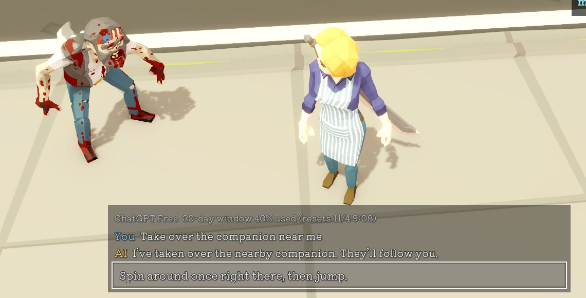 The chat box is open at the bottom, with "Spin around once right there, then jump." typed in
